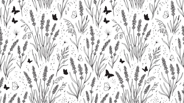 Vintage Botanical Wildflower and Butterfly Seamless Pattern