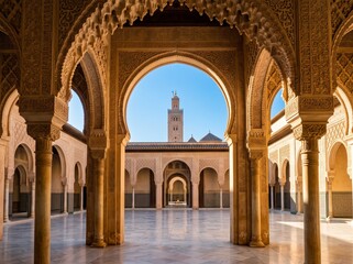 Fototapeta premium Elegant Moorish arches frame a beautiful minaret tower under clear blue sky, symbolizing islamic heritage and architectural grandeur