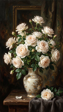 Romantic White Roses Oil Painting in Ceramic Vase