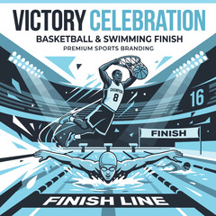 Obraz premium Dynamic Sports Victory Celebration Featuring Basketball Dunk And Swimming Finish Line