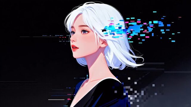 Anime style portrait of woman with white hair
