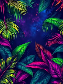 Dark tropical jungle seamless pattern with monstera leaves and palm fronds on a neon night sky background, pattern, bg