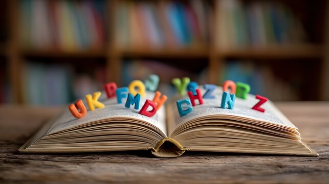 Colorful alphabet letters resting on an open book in a library.