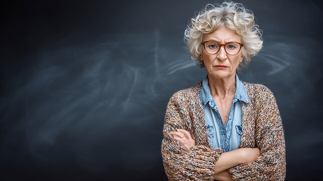 Serious senior woman with glasses standing in front of a chalkboard.