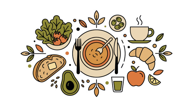 Healthy food flat lay with soup and fresh vegetables.