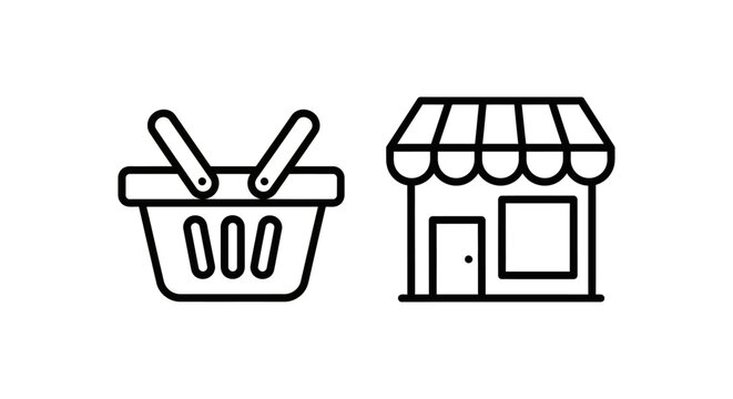 Shopping and retail concept icons showing a shopping basket and a local store front with shopping commerce supermarket consumer purchase business checkout pictogram consumerism