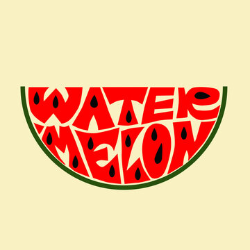 Watermelon Calligram. Hand Drawn Lettering. Typography Word Watermelon on Watermelon Slice Shape with Seeds. Summer Fruit Illustration for T-shirt, Poster, Sticker, Print Design.