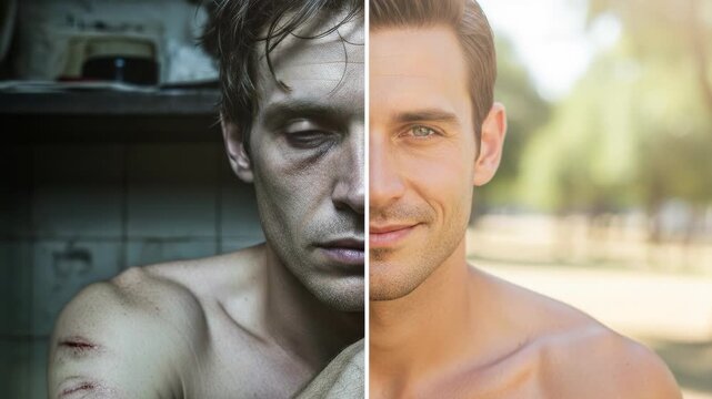 Stark contrast, a person's face showing impact of drug and alcohol abuse, addiction's toll, compared to a vibrant, healthy lifestyle, promoting wellness, recovery
