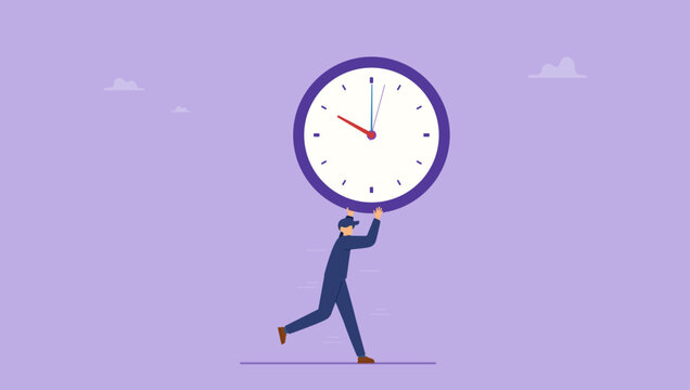 Burglar thief stealing time clock and run away. Steal time, productivity or procrastination problem, work efficiency to finish in deadline, strategy or accomplishment concept.