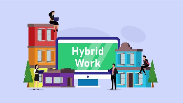 Hybrid Work Concept with Employees Working from Home and Office cartoon animation