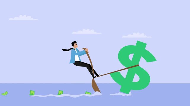 Businessman Riding a Water Ski Towed by a Large Dollar Sign Symbol cartoon animation