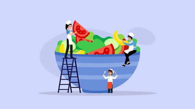 Tiny Chefs Preparing a Giant Fresh Garden Salad Bowl cartoon animation