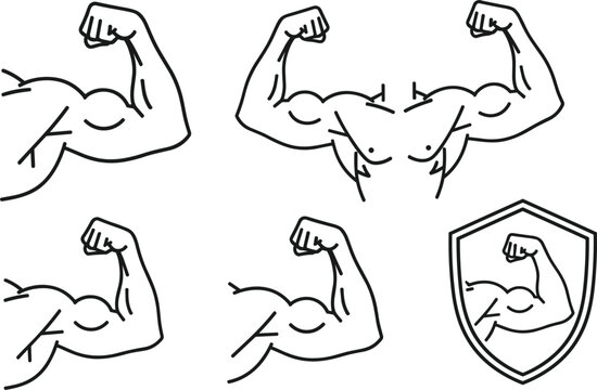 Biceps muscle flex vector icon set with bodybuilder arm outline shapes for fitness logo design
