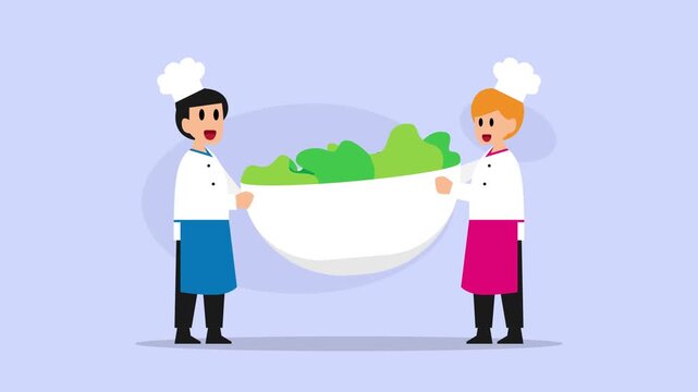 Professional Male and Female Chefs Carrying Large Bowl of Fresh Green Salad: Healthy Eating Concept cartoon animation