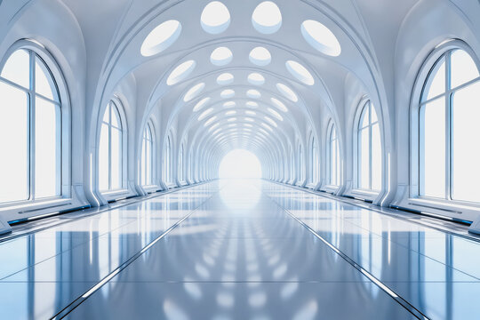 A sleek, symmetrical futuristic interior corridor with arched windows and a polished reflective floor, bathed in bright natural light from the ceiling's circular openings.