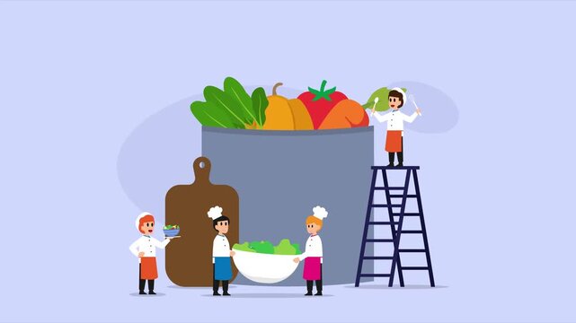 Tiny Chefs Working Together to Cook Fresh Vegetables in Giant Pot cartoon animation