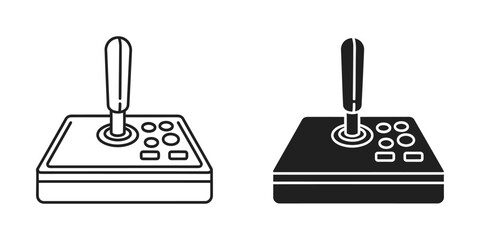 Arcade game joystick set featuring outline and solid black styles for retro gaming interface controller © PixoraStock