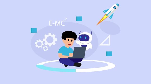 Student Learning Physics and STEM with AI Assistant: Boy Using Laptop with Robot and Rocket cartoon animation