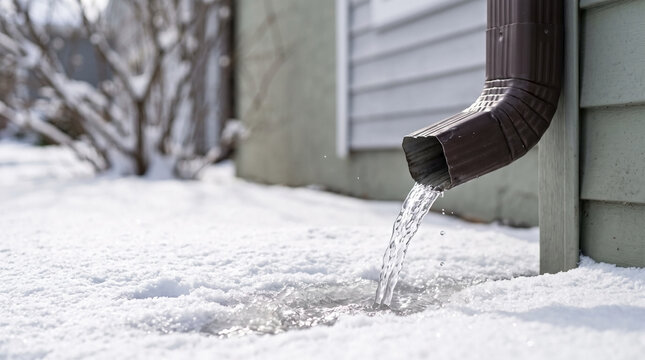 Rain gutter draining onto snow from house roof after winter thaw. Brown downspout with water stream flowing over white fresh snow on ground.