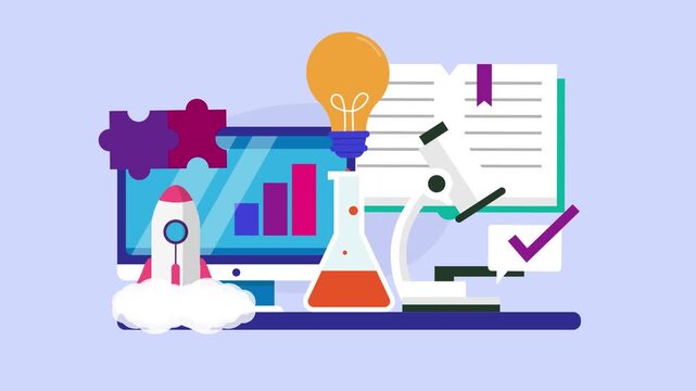 STEM Education and Science Research Concept with Laboratory Equipment and Technology cartoon animation
