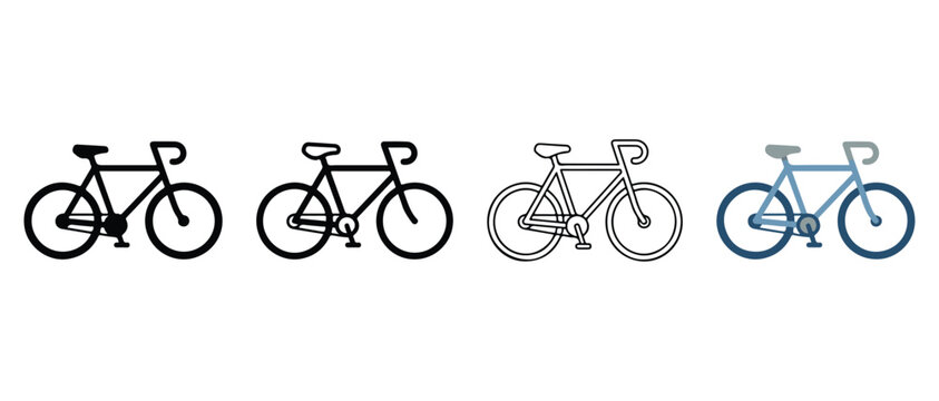  bicycle icons in various colors and line styles on white background  simple illustrations of bikes in black solid blue and line art