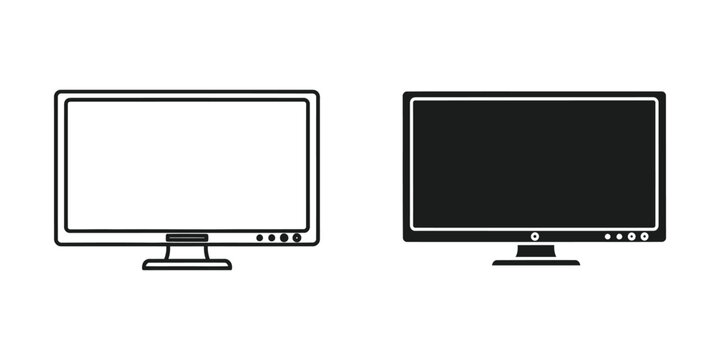 Computer monitor display screen set featuring blank desktop frames in minimalist outline and solid black styles
