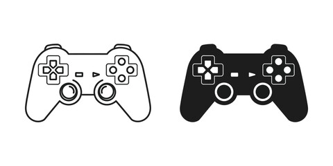 Game controller set featuring outline and solid black styles for modern digital entertainment media joystick © PixoraStock