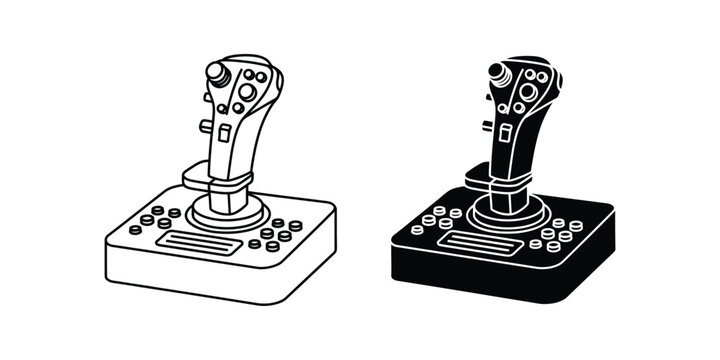 Flight simulation joystick set displayed in outline and solid black styles for gaming and aviation software