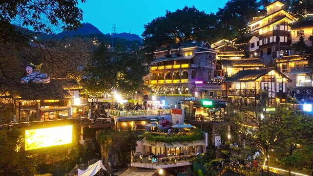 Xia Hao Li Neighborhood At Dusk In Chongqing, China - Panning Shot