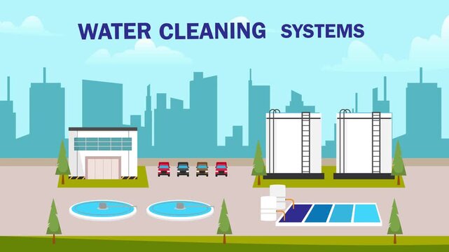 Industrial Water Cleaning Systems and Wastewater Treatment Plant Facility in Urban City Landscape cartoon animation