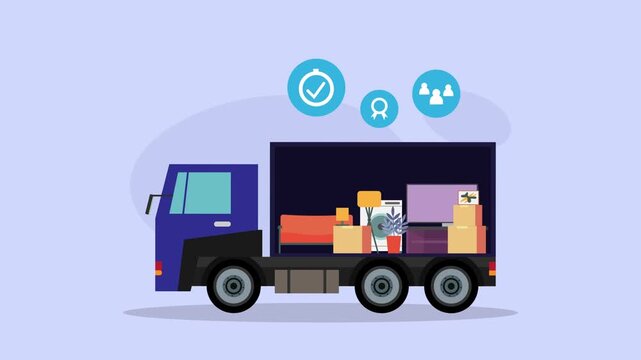 Professional Moving Service Delivery Truck Loaded with Furniture and Household Goods cartoon animation