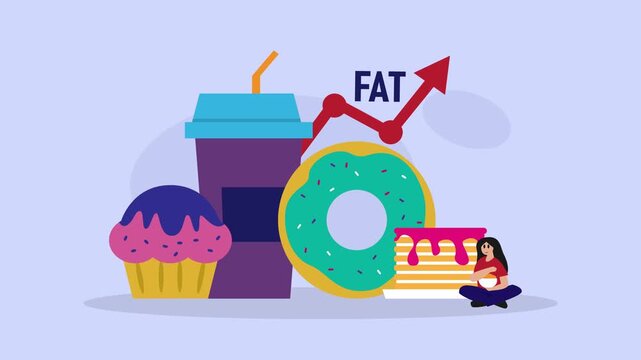 Unhealthy Junk Food Concept with Rising Fat Chart and Woman Eating Sweets cartoon animation