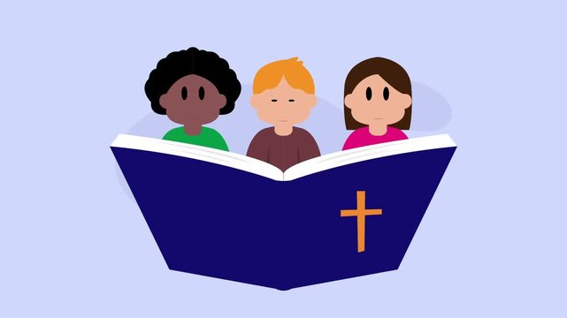 Group of Diverse Children Reading the Holy Bible for Sunday School and Education cartoon animation
