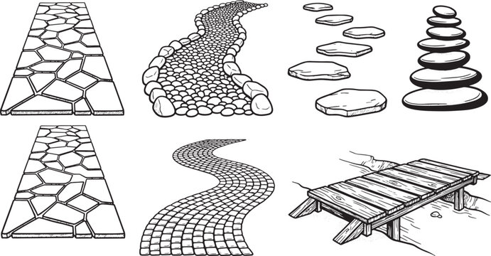 Hand drawn garden path and walkway set featuring stone pavement cobblestone trail and wooden bridge vector illustration