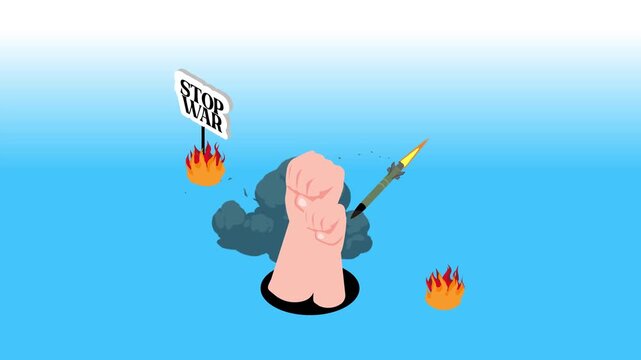 Anti-War Protest with Raised Fists, Missiles, and Stop War Sign 3d animation cartoon
