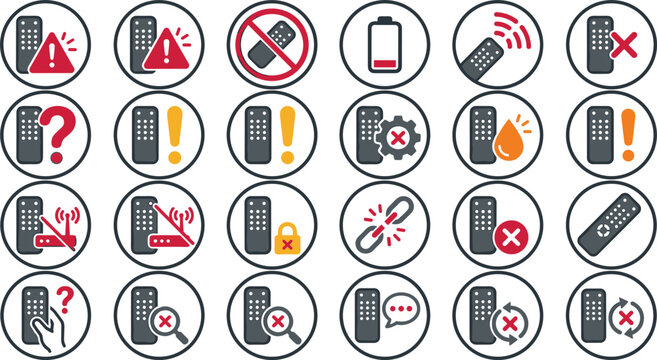 Remote Control Troubleshooting Vector Icon Set with Error, Warning, and Connection Problem Symbols for Tech Support