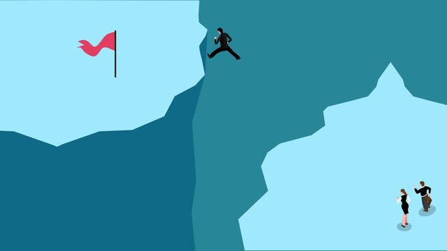Business Professional Jumping Over Gap Towards Red Flag Goal 3d animation cartoon