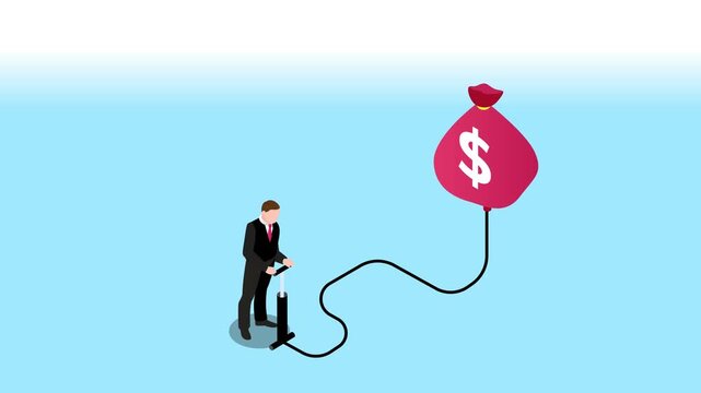 Businessman Inflating Large Money Bag Balloon with Hand Pump - Financial Growth and Economic Inflation 3d animation cartoon