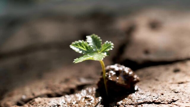 Green plant emerging from parched soil during rain. Symbolizes hope and environmental recovery from global warming.