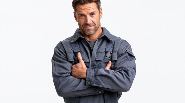 Confident male mechanic in work overalls giving thumbs up