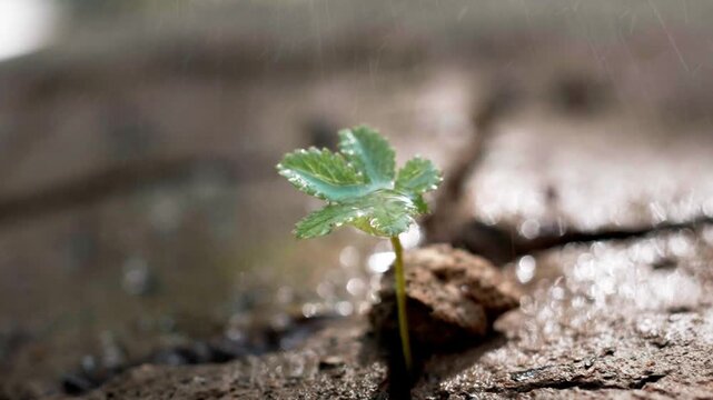 Heavy rain watering a small green plant in parched arid ground during a heatwave, representing environmental recovery.