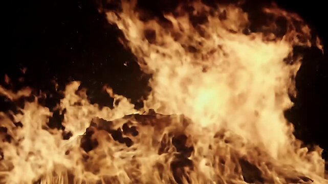 Intense flames flicker and dance against a dark background.