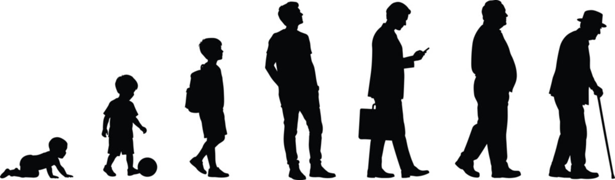 Human Life Stages Silhouette Collection from Baby to Elderly Person Isolated on White Background