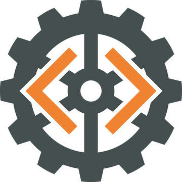 An editable gear mechanism vector illustration featuring a dark grey cogwheel integrated with orange coding brackets and a smaller center gear. Great graphic asset for technical software engineering.