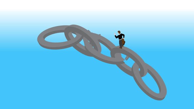 Businessman Running on a Breaking Chain Bridge - Concept of Business Risk, Weak Link, and Overcoming Obstacles 3d animation cartoon