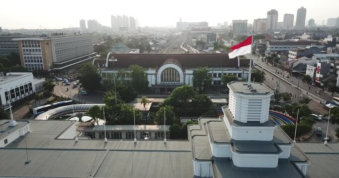 Aerial View of Historic Jakarta Kota Railway Station in Kota Tua, Indonesia