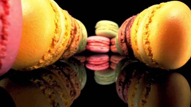 Symmetrical close up shot of colorful French macarons lined up elegantly on a dark reflective surface with a solid black background
