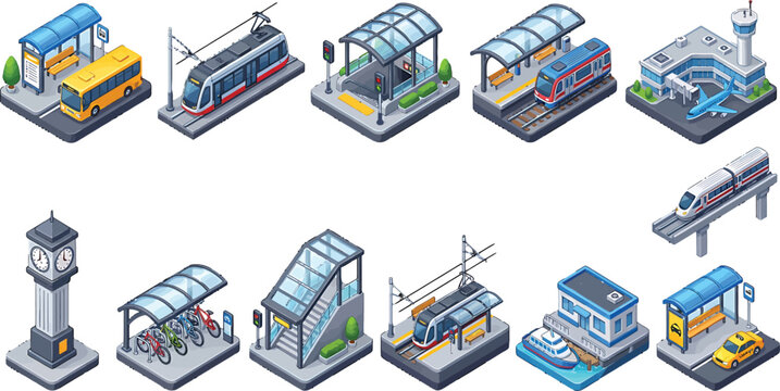 Isometric public transport infrastructure set featuring bus stops train stations airport terminal and urban transit city elements