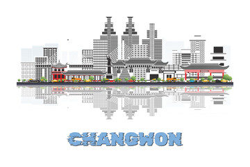Obraz premium Changwon, South Korea skyline illustration with historic architecture modern buildings and reflection on white background.