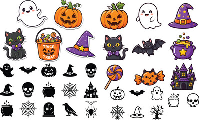 Obraz premium Cute halloween stickers collection ghosts pumpkins cats spooky elements
